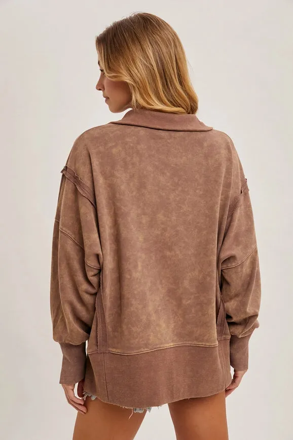 Long Sleeve Washed Side Slit Henley Sweatshirt MOCHA