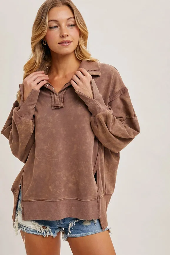 Long Sleeve Washed Side Slit Henley Sweatshirt MOCHA