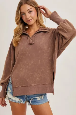 Long Sleeve Washed Side Slit Henley Sweatshirt MOCHA