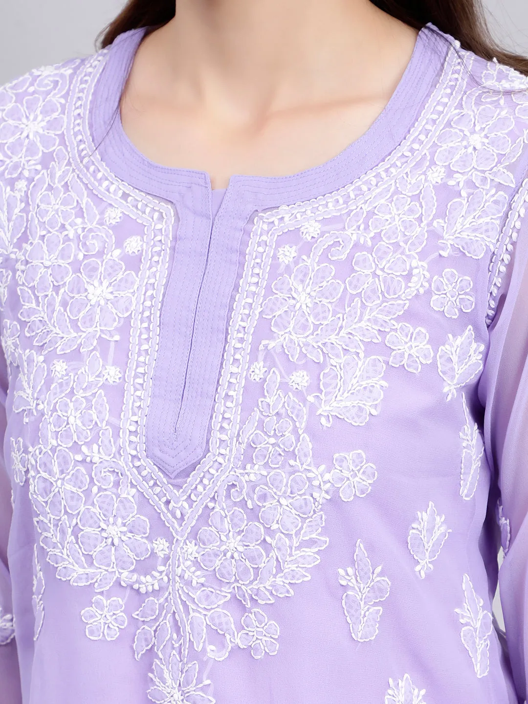 Mauve Georgette Chikankari Tunic Top With Inner Slip