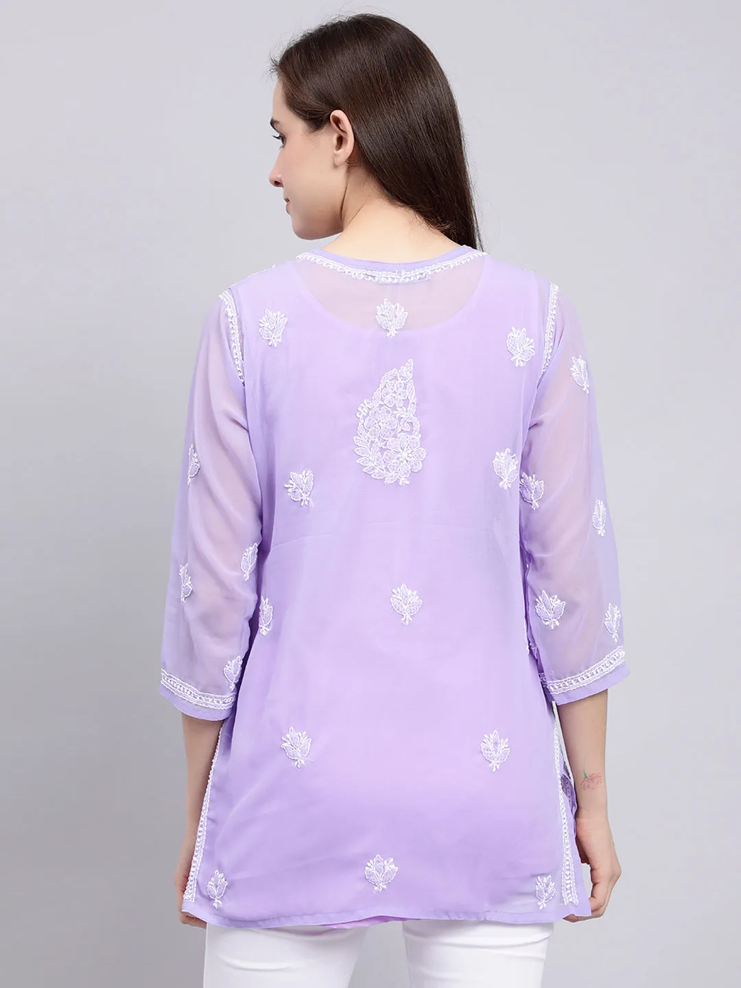 Mauve Georgette Chikankari Tunic Top With Inner Slip