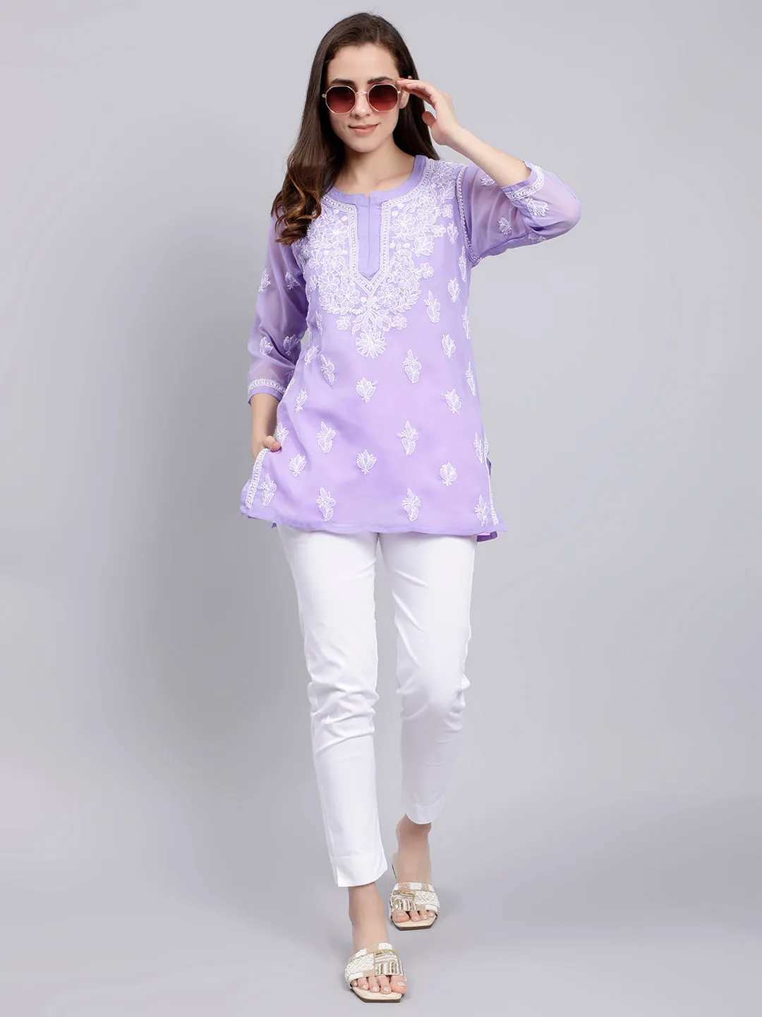 Mauve Georgette Chikankari Tunic Top With Inner Slip