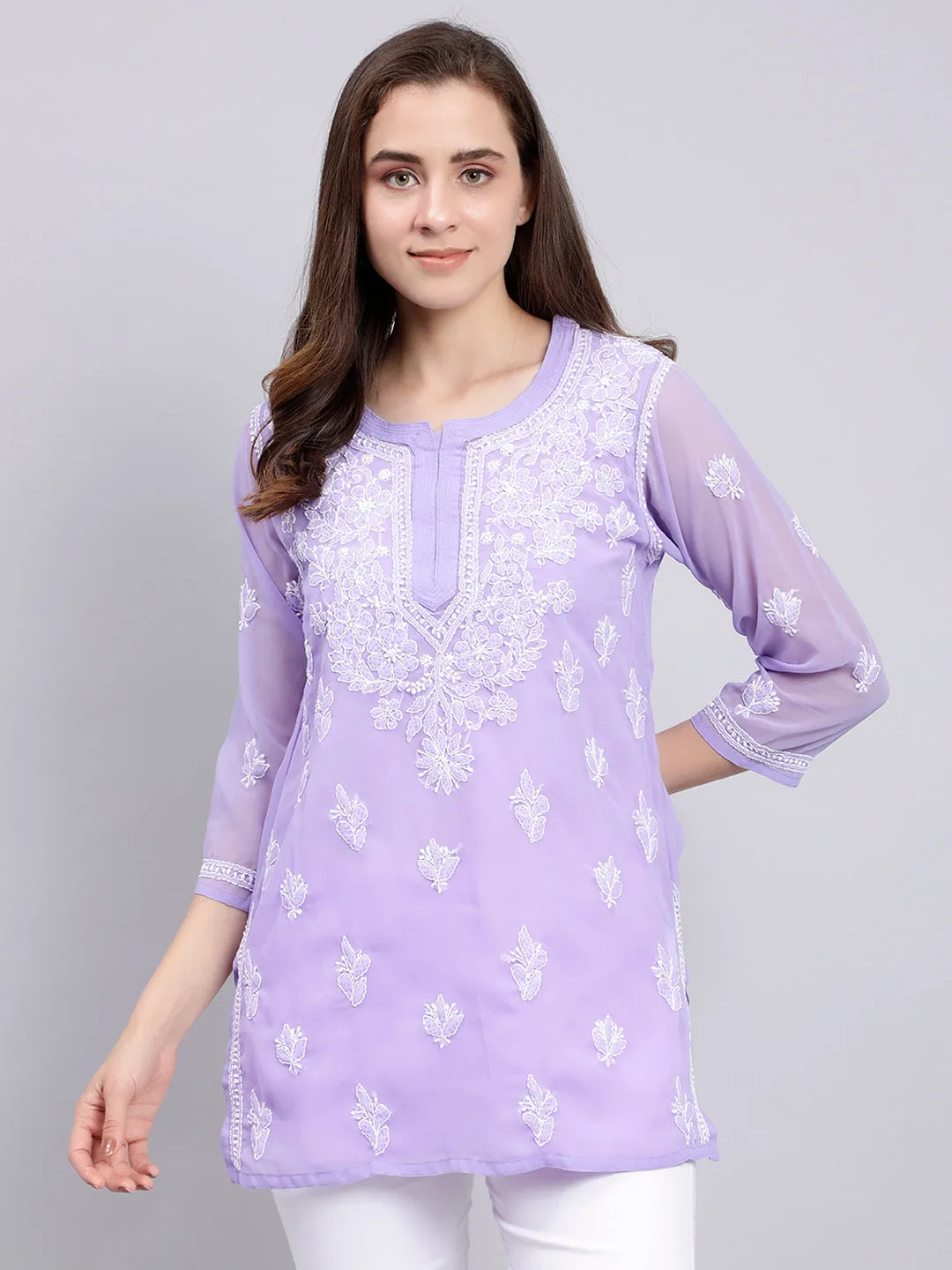 Mauve Georgette Chikankari Tunic Top With Inner Slip