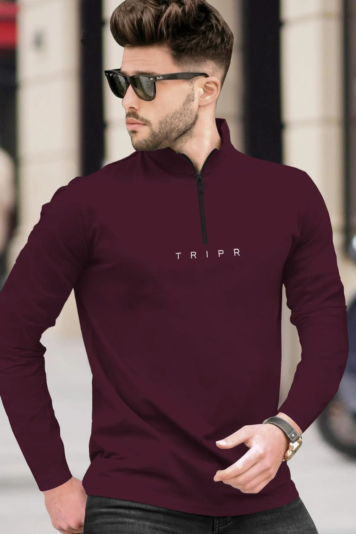 Men High Neck Full Sleeve Maroon Zip T-Shirt