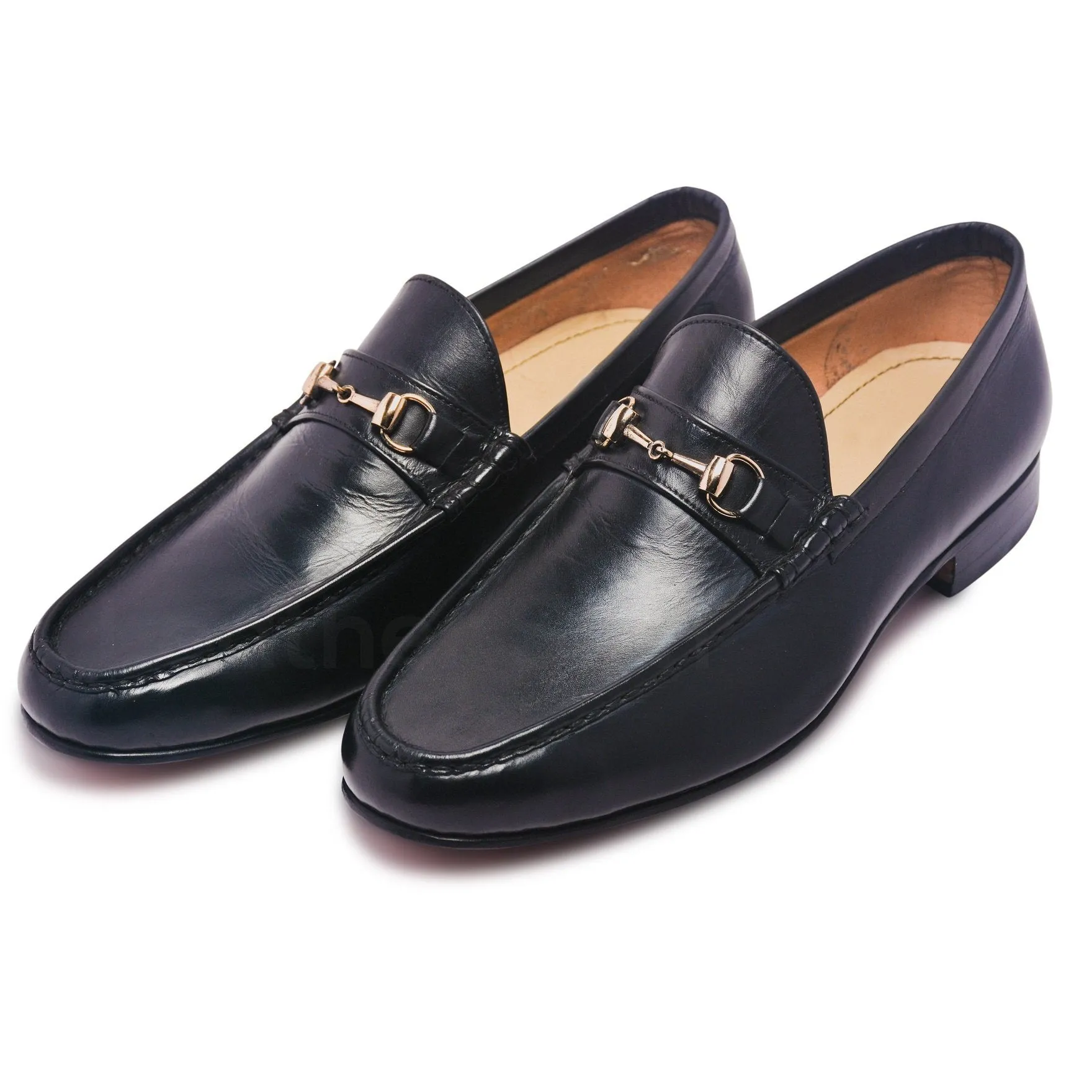 Mens Black Bit Loafers Shoes with Gold Metal Decoration