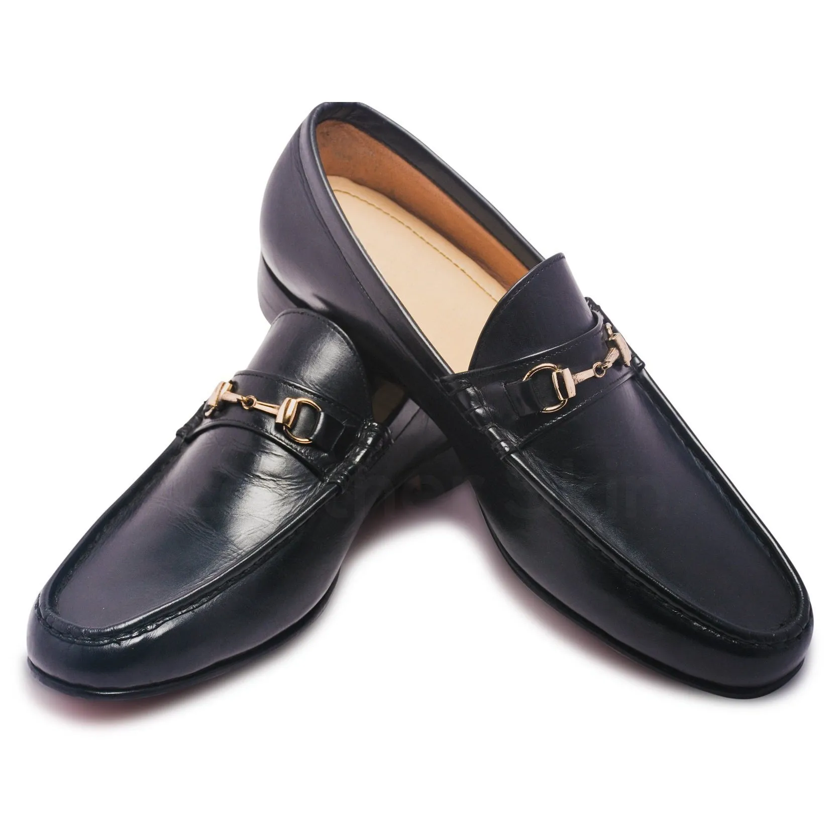 Mens Black Bit Loafers Shoes with Gold Metal Decoration