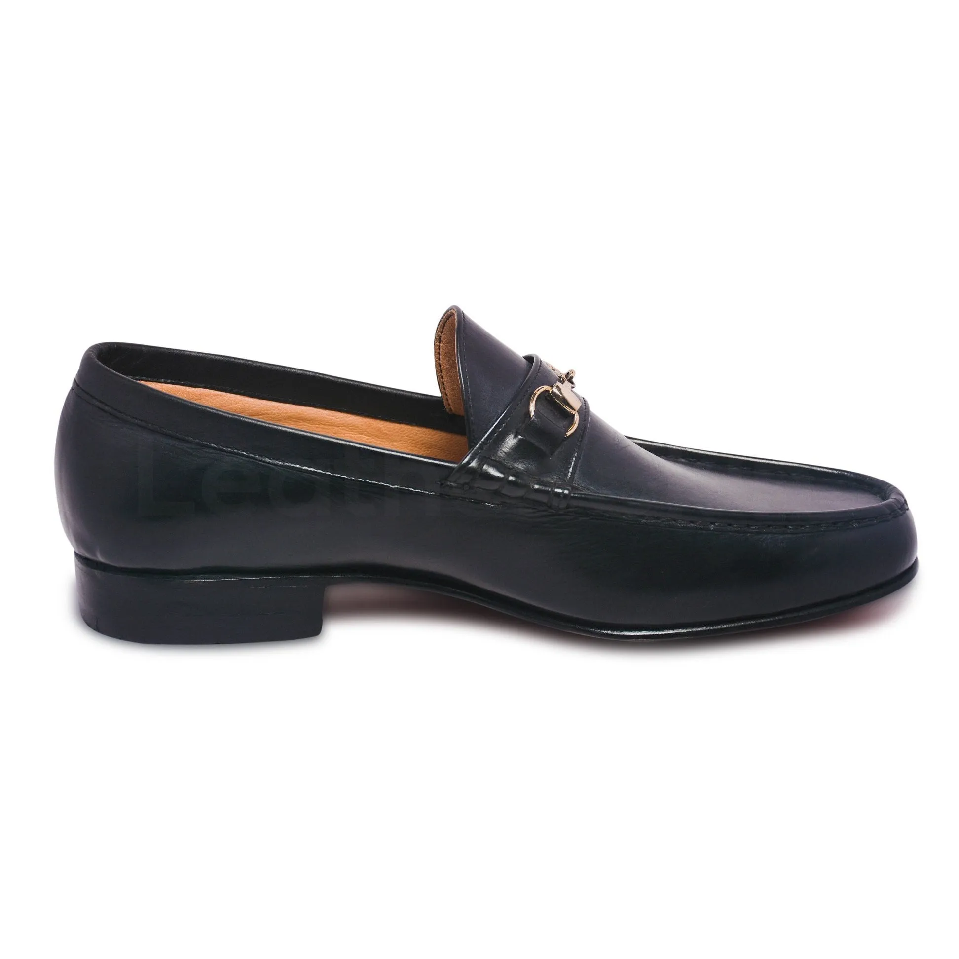 Mens Black Bit Loafers Shoes with Gold Metal Decoration