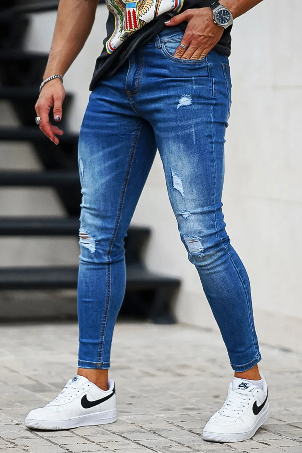 Men's Blue High Waist Ripped Jean