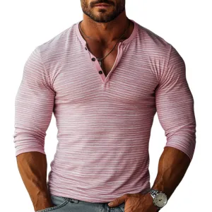 Men's Casual Cotton Stripe Henley Collar Slim Fit Long Sleeve T-Shirt 41622998M