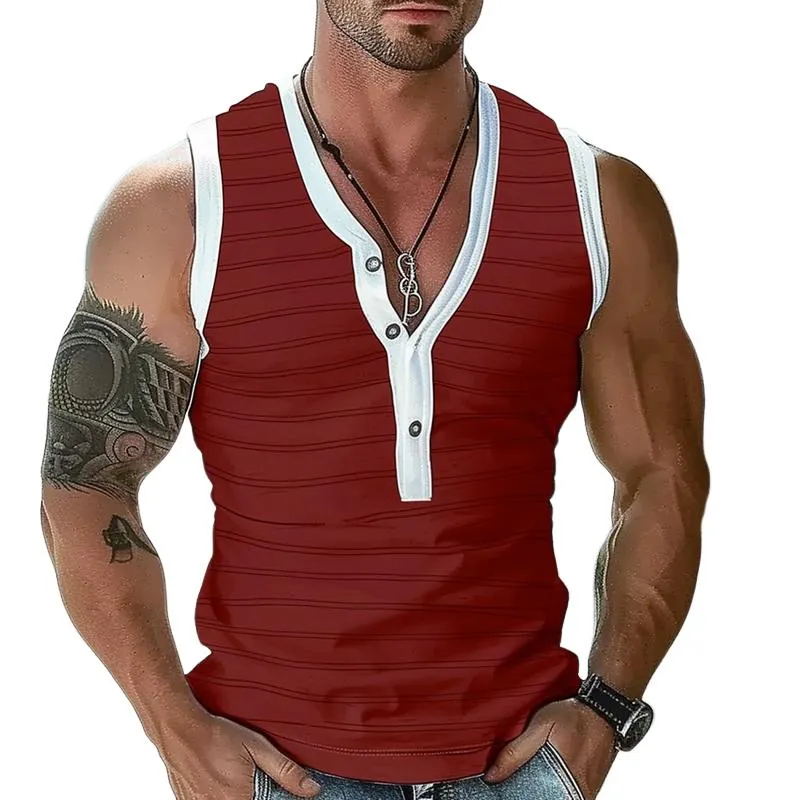 Men's Casual Striped Henley Collar Slim Fit Tank Top 46639172M