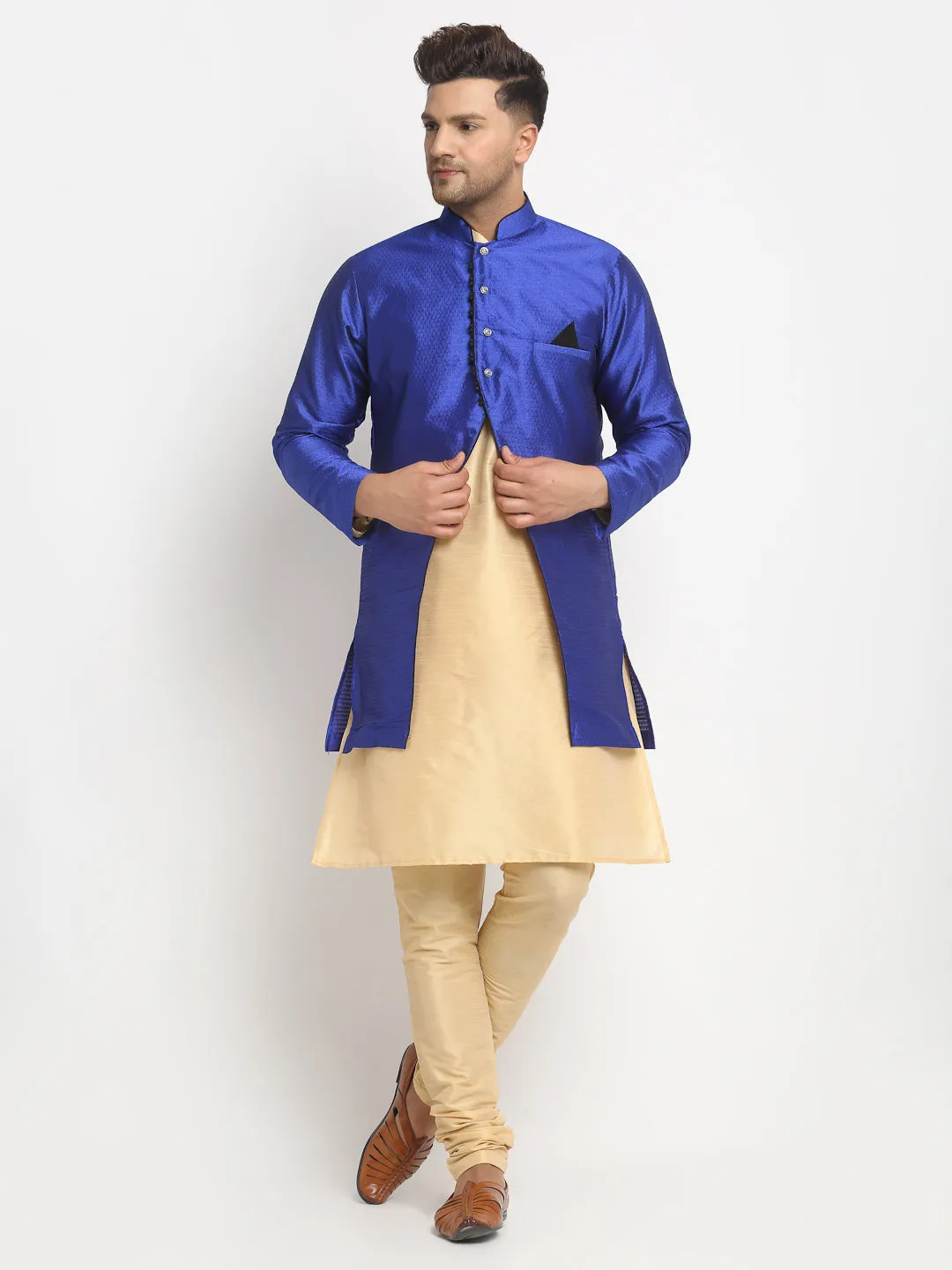 Men's Gold Kurta With Pyjama & Royal Blue Self Design Jacket - Benstoke