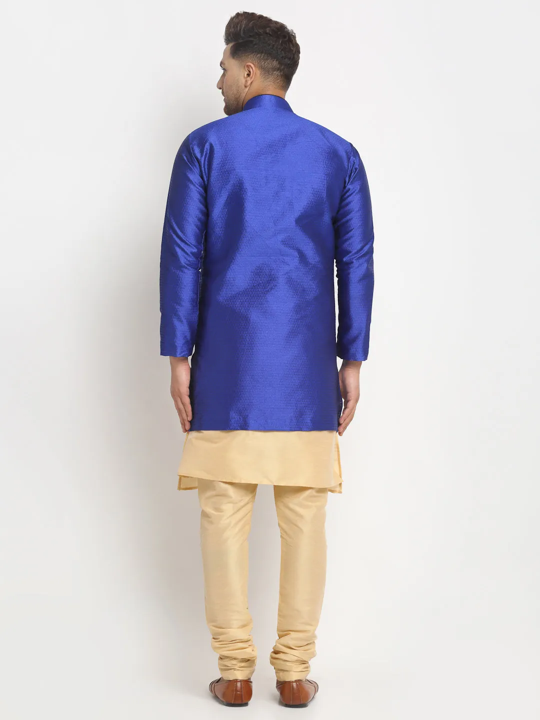 Men's Gold Kurta With Pyjama & Royal Blue Self Design Jacket - Benstoke