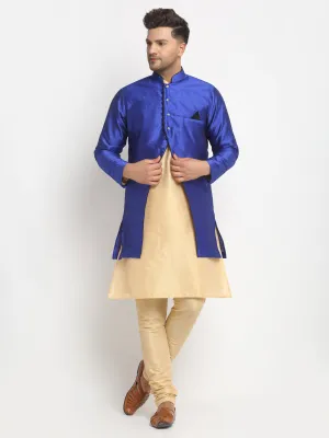 Men's Gold Kurta With Pyjama & Royal Blue Self Design Jacket - Benstoke