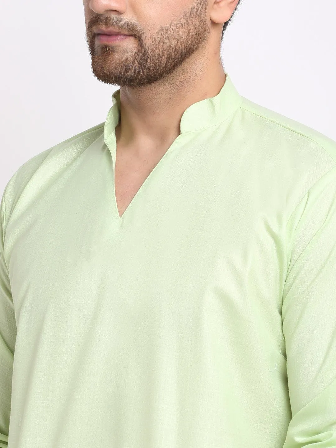 Men's Lime Green Solid Pathani Kurta With White Salwar - Benstoke