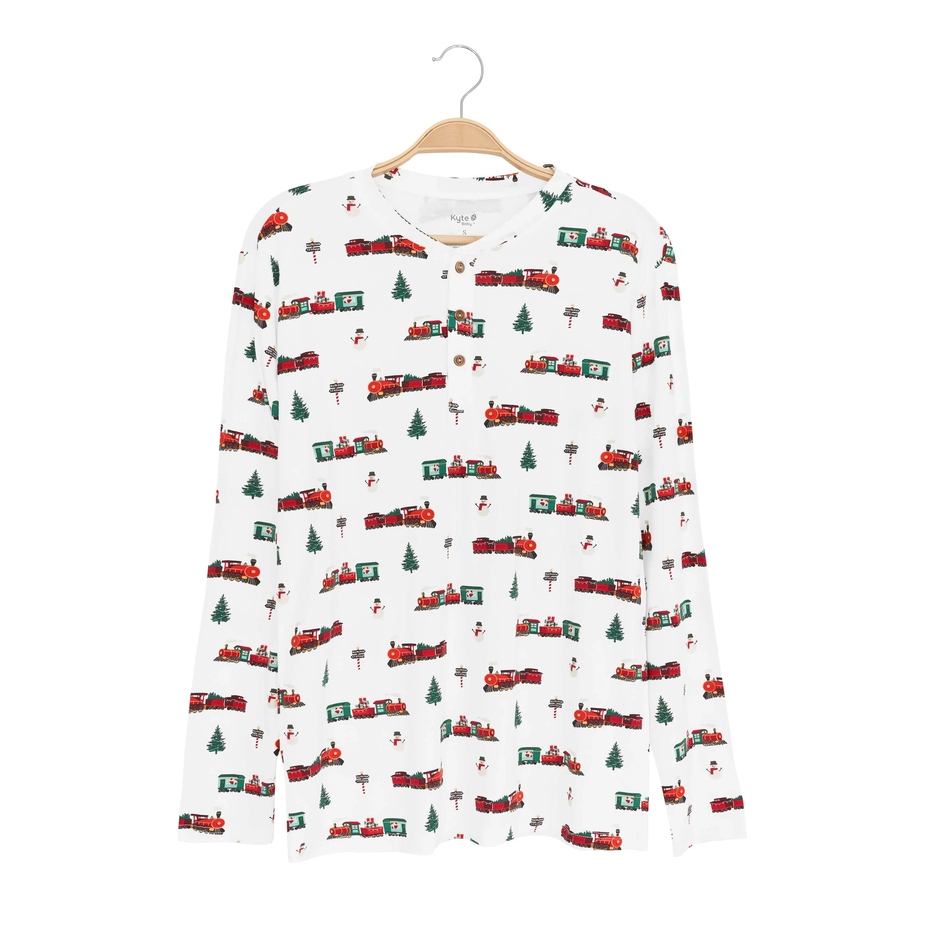 Men's Long Sleeve Henley Top in Holiday Train