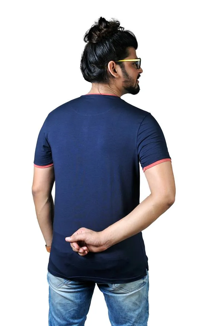 Men's Navy Blue Cotton Self Pattern Henley Tees