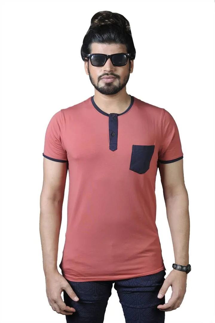 Men's Orange Cotton Self Pattern Henley Tees