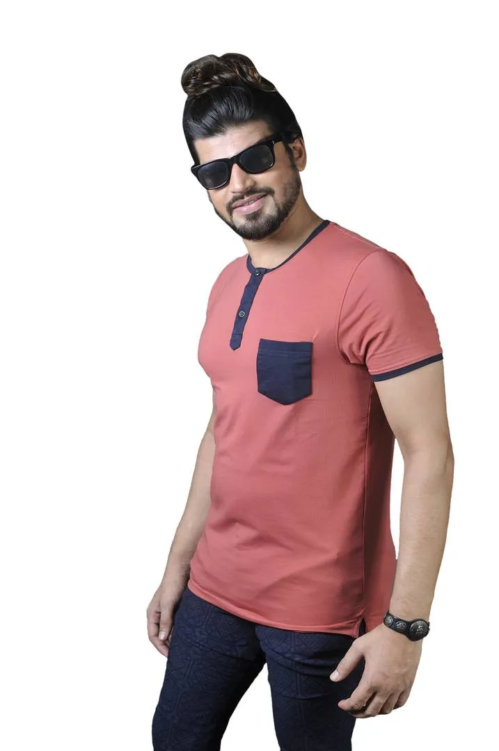 Men's Orange Cotton Self Pattern Henley Tees