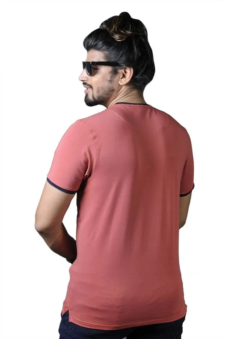 Men's Orange Cotton Self Pattern Henley Tees