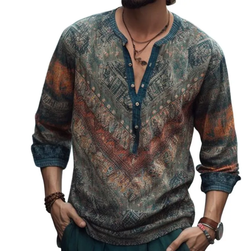 Men's Vintage Casual Printed Henley Collar Long Sleeve Shirt 90645881TO