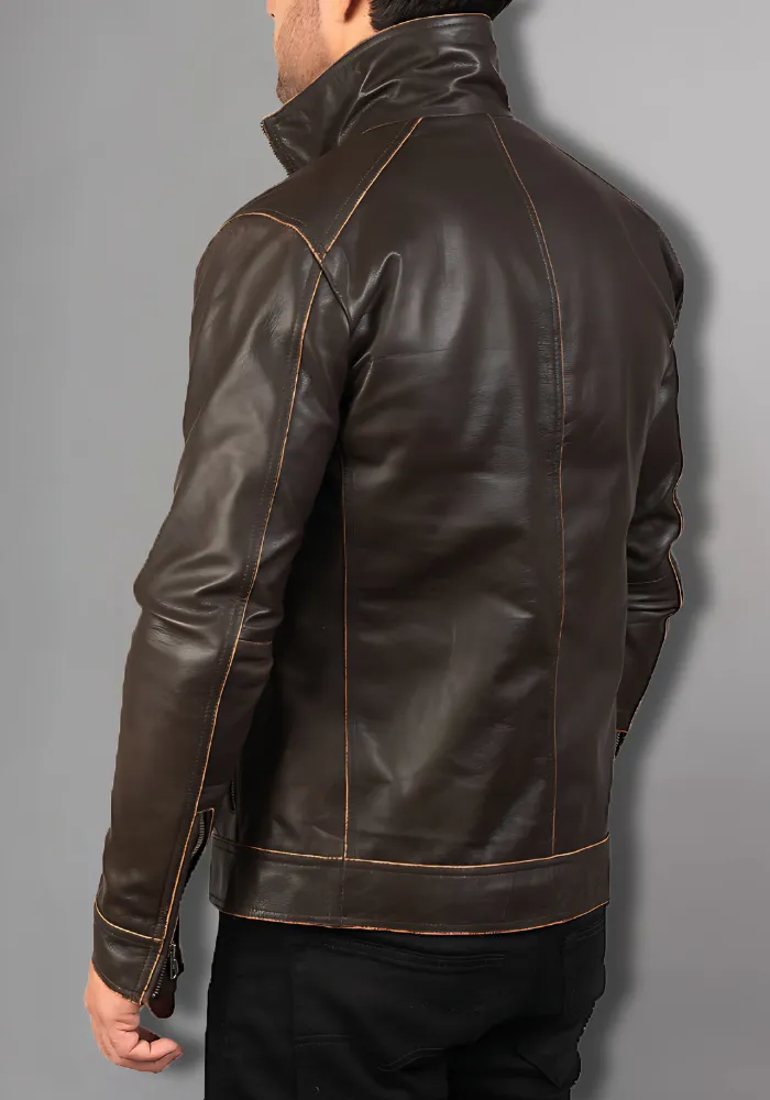 Men's Vintage Retro Biker Brown Waxed Leather Jacket