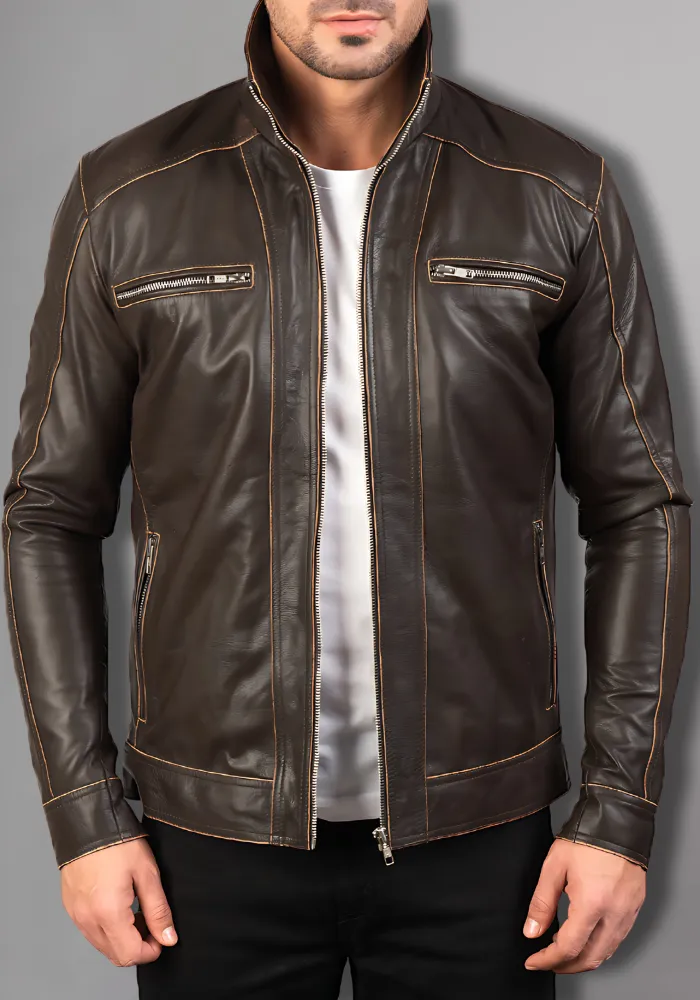 Men's Vintage Retro Biker Brown Waxed Leather Jacket