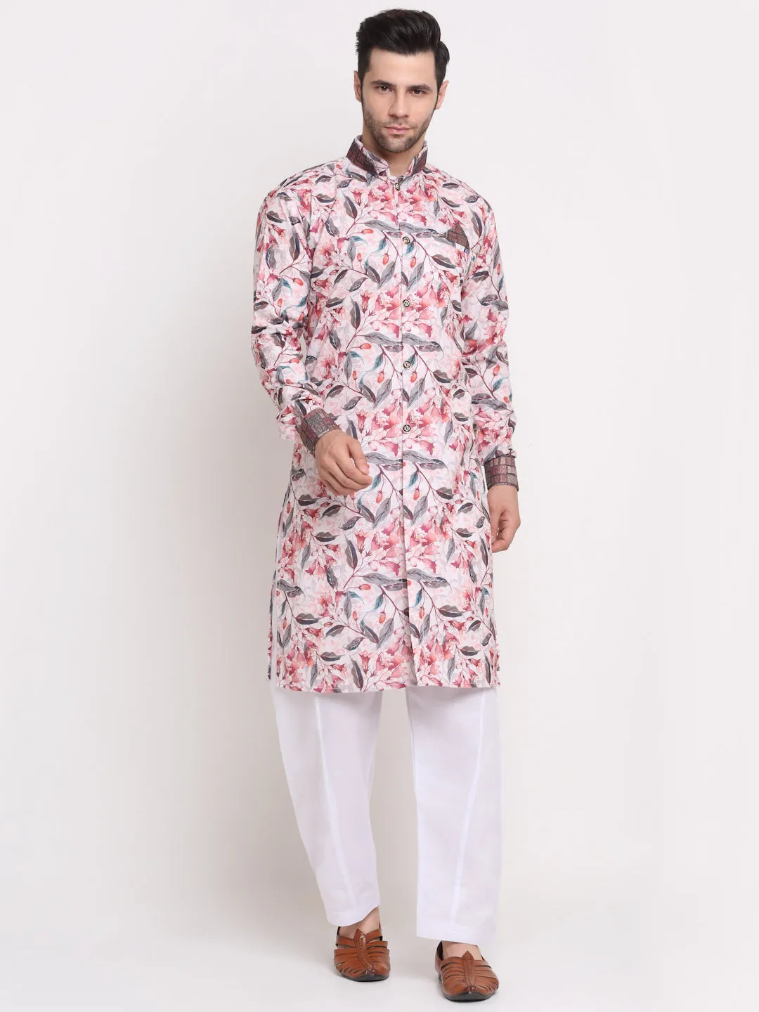 Men's White & Pink Printed Kurta With White Pyjamas Set - Benstoke