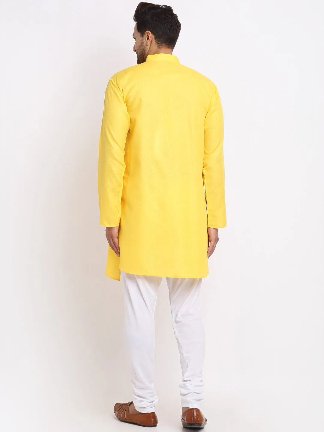 Men's Yellow Solid Angrakha Kurta With White Churidaar Pyjama - Benstoke