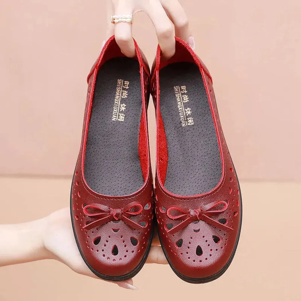 Merendy Semplicità Round toe Slip-on leather black ballerina shoes burgundy Open-work ballet flats