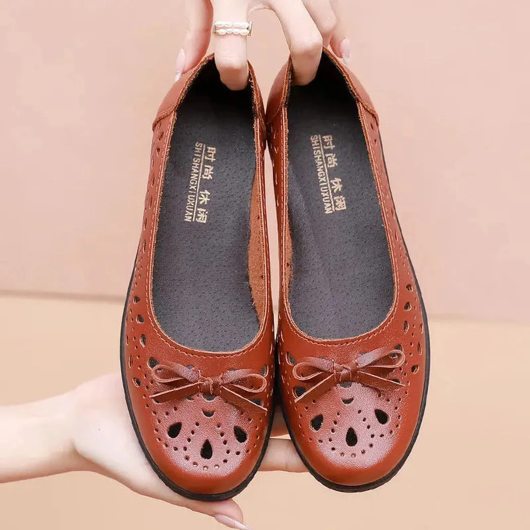 Merendy Semplicità Round toe Slip-on leather black ballerina shoes burgundy Open-work ballet flats