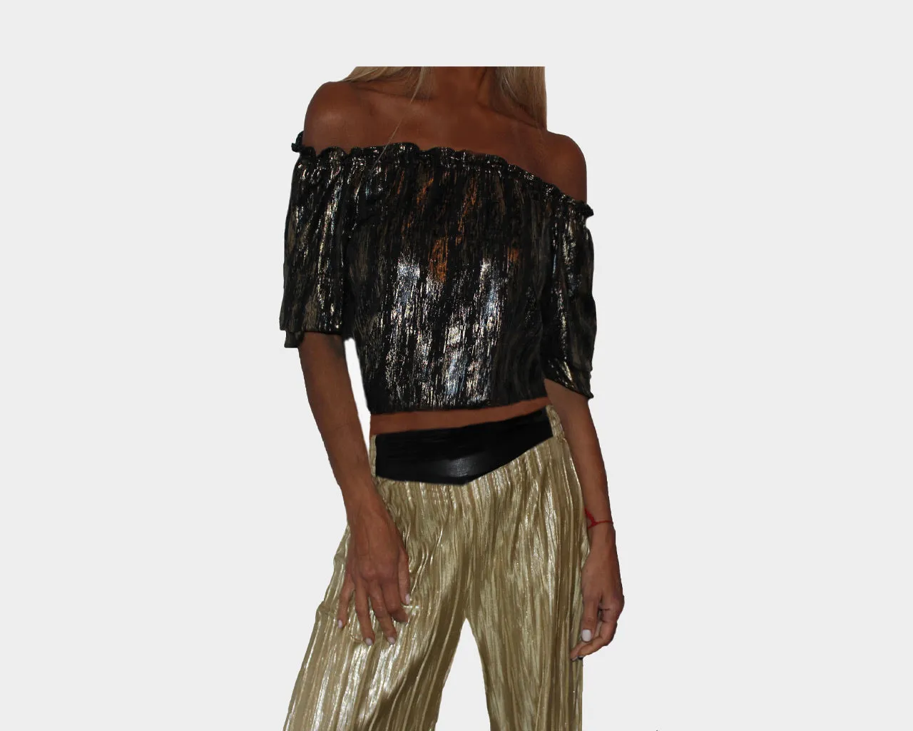 Metallic Black & Gold Off Shoulder Crop Top - The St. Barth