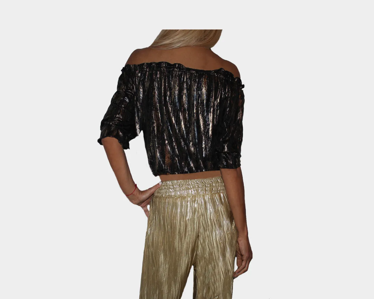 Metallic Black & Gold Off Shoulder Crop Top - The St. Barth