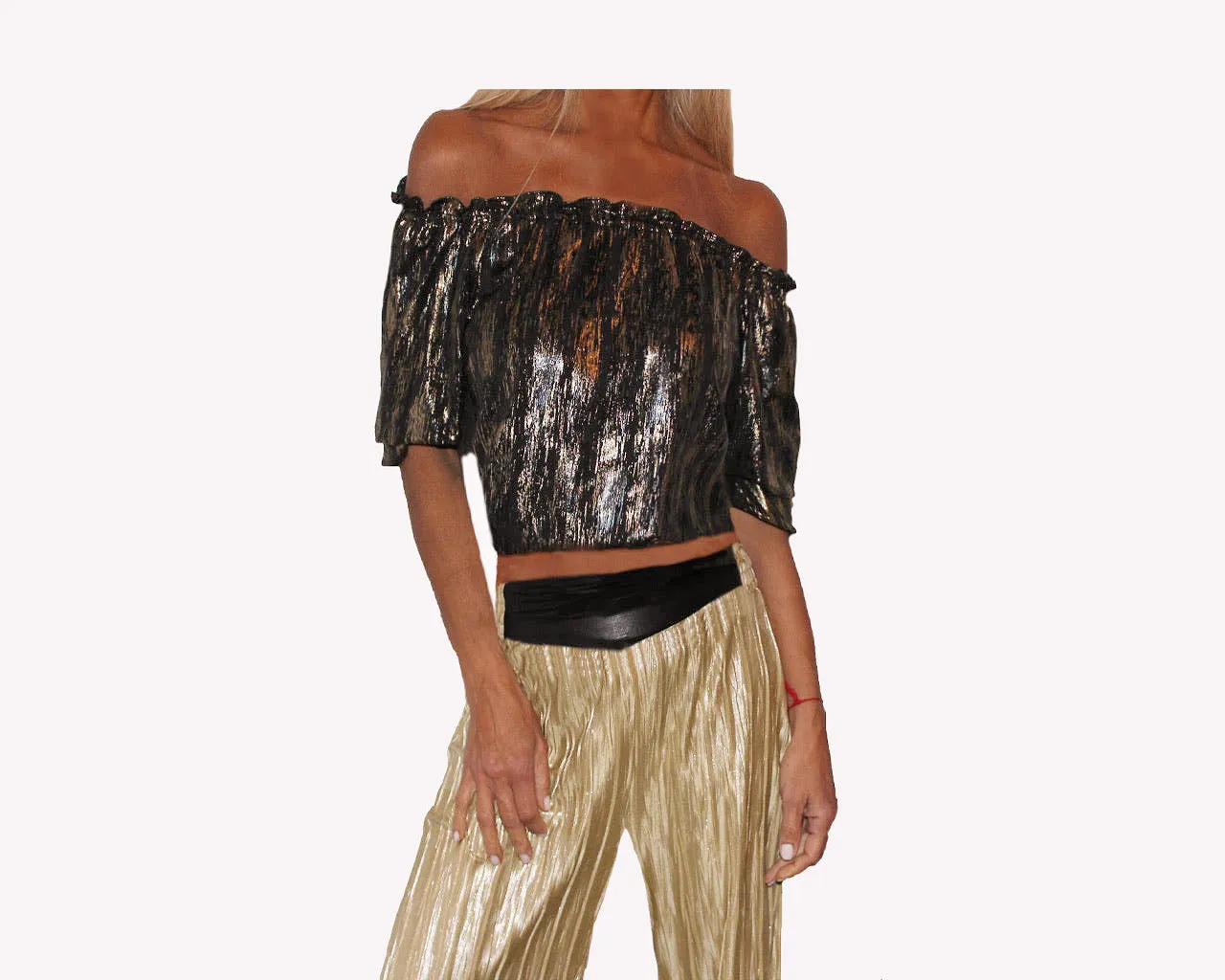 Metallic Black & Gold Off Shoulder Crop Top - The St. Barth