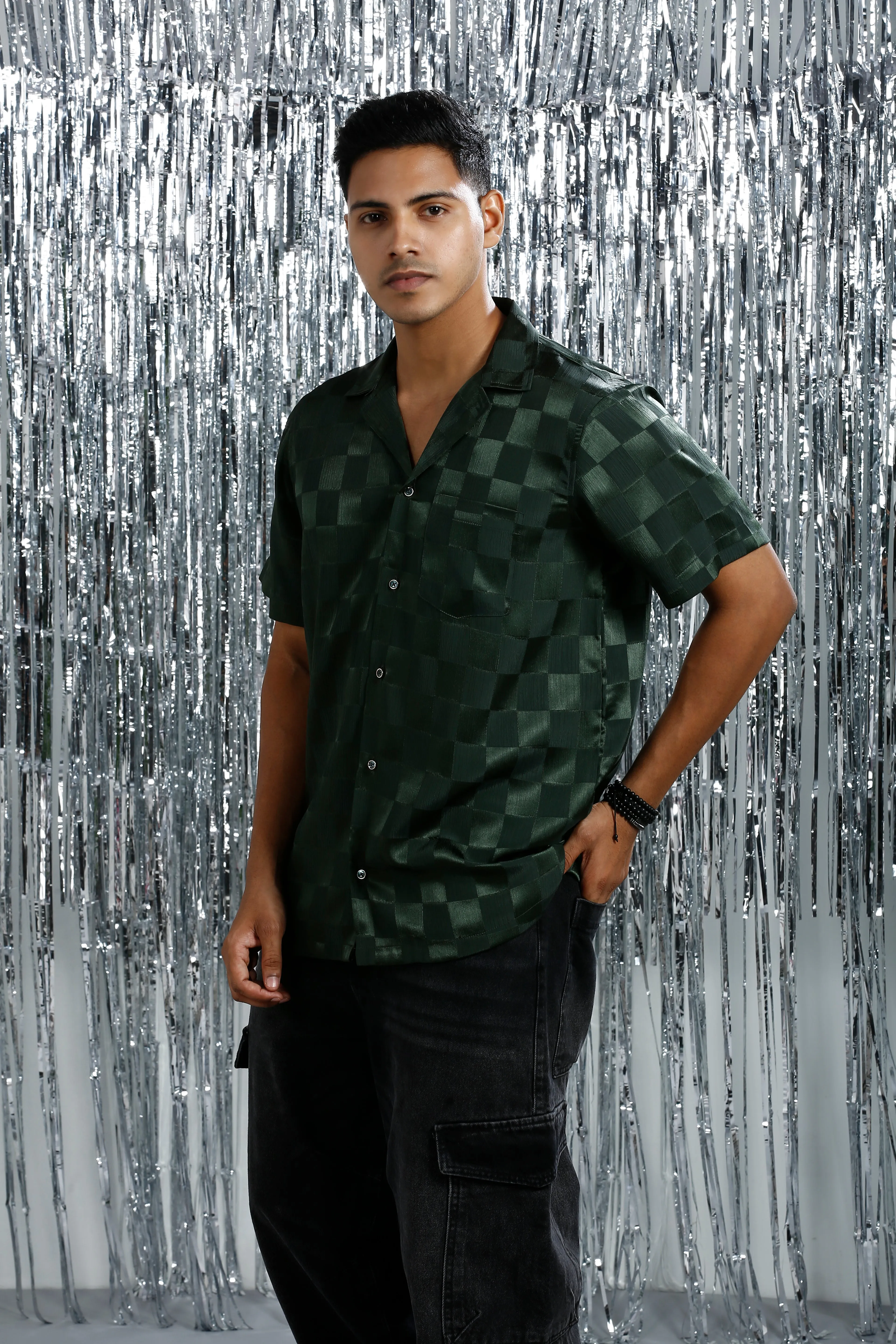 METALLIC DARK GREEN RELAXED CHECKED CUBAN COLLAR SHIRT