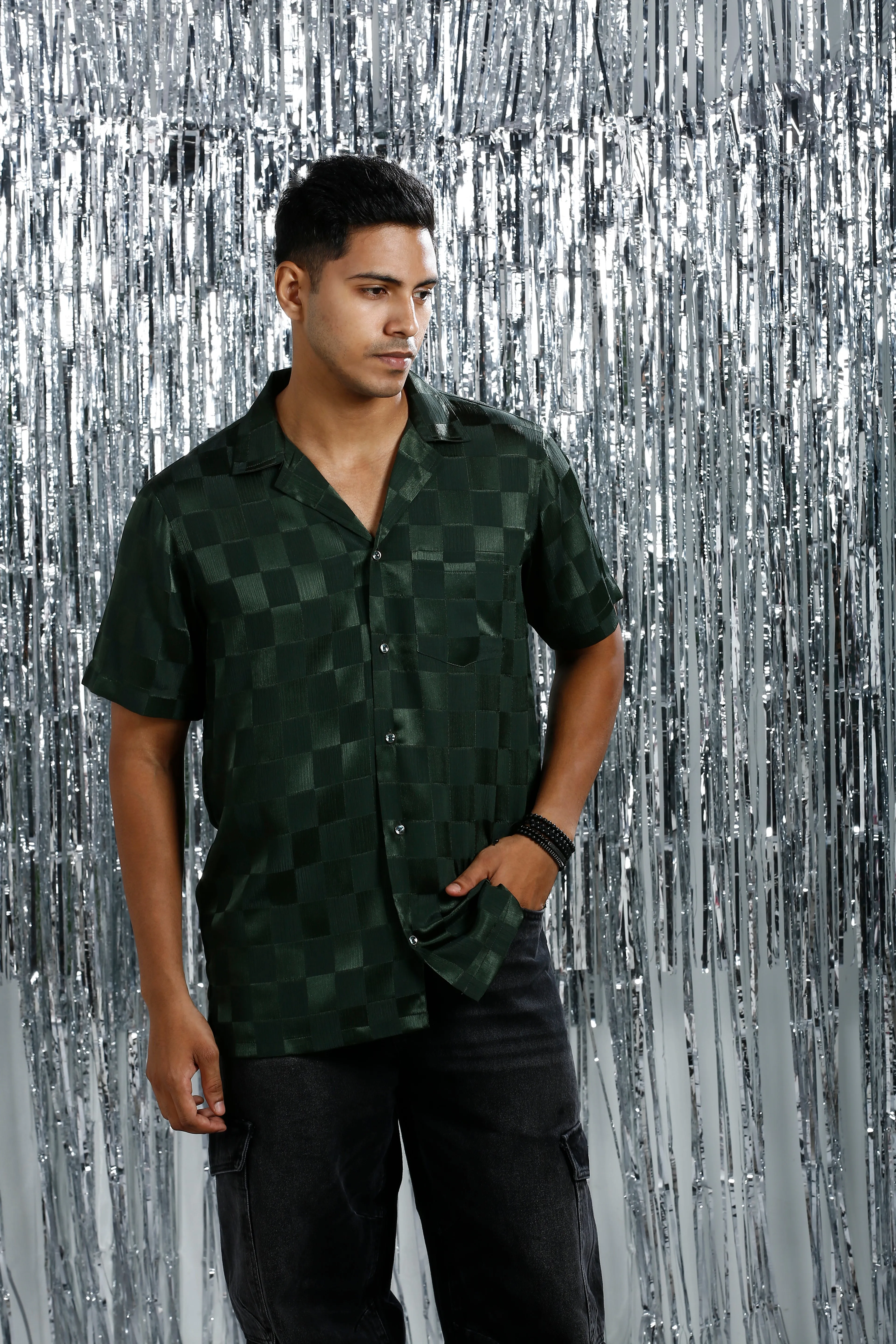 METALLIC DARK GREEN RELAXED CHECKED CUBAN COLLAR SHIRT