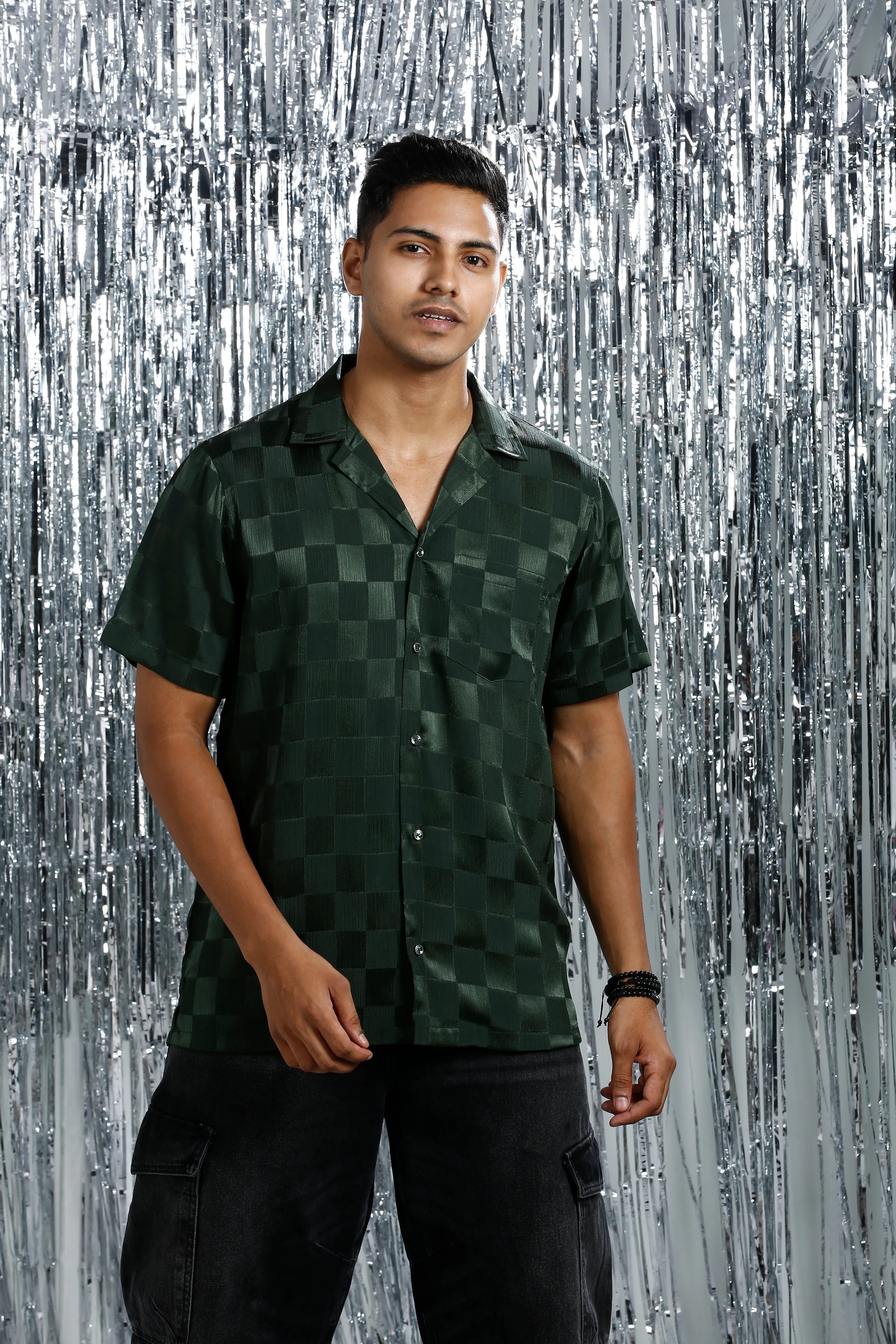 METALLIC DARK GREEN RELAXED CHECKED CUBAN COLLAR SHIRT