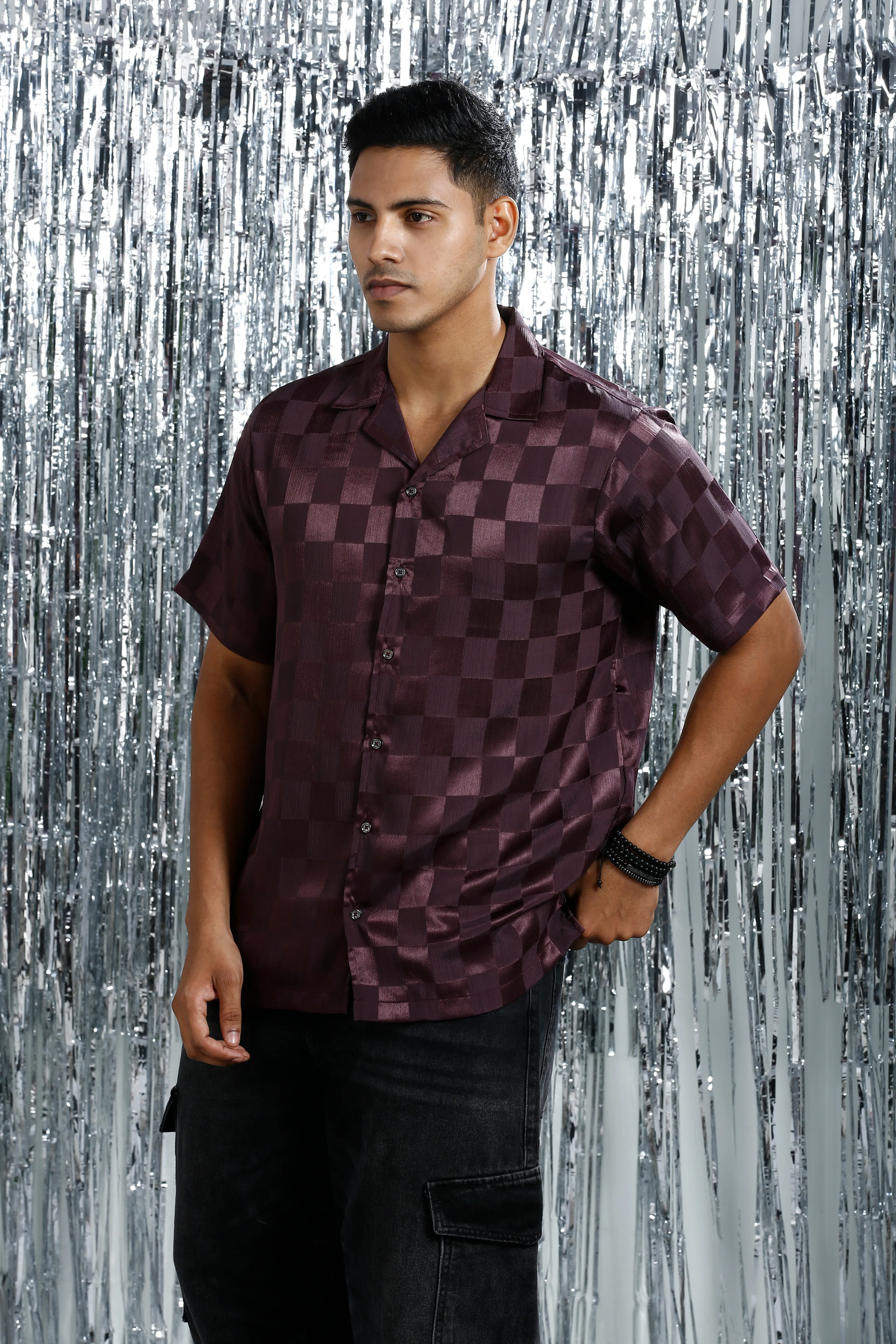 METALLIC MAROON RELAXED CHECKED CUBAN COLLAR SHIRT