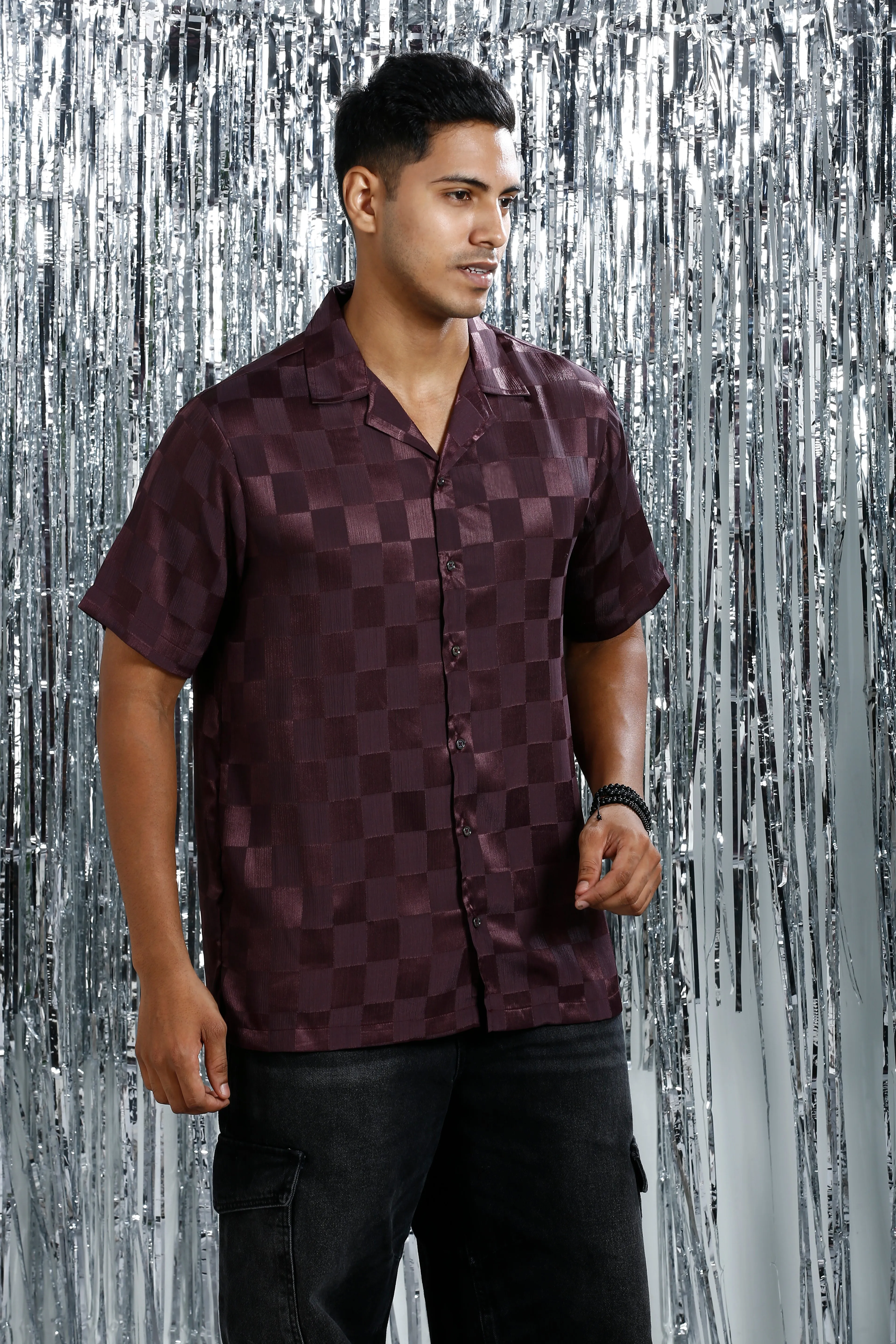 METALLIC MAROON RELAXED CHECKED CUBAN COLLAR SHIRT