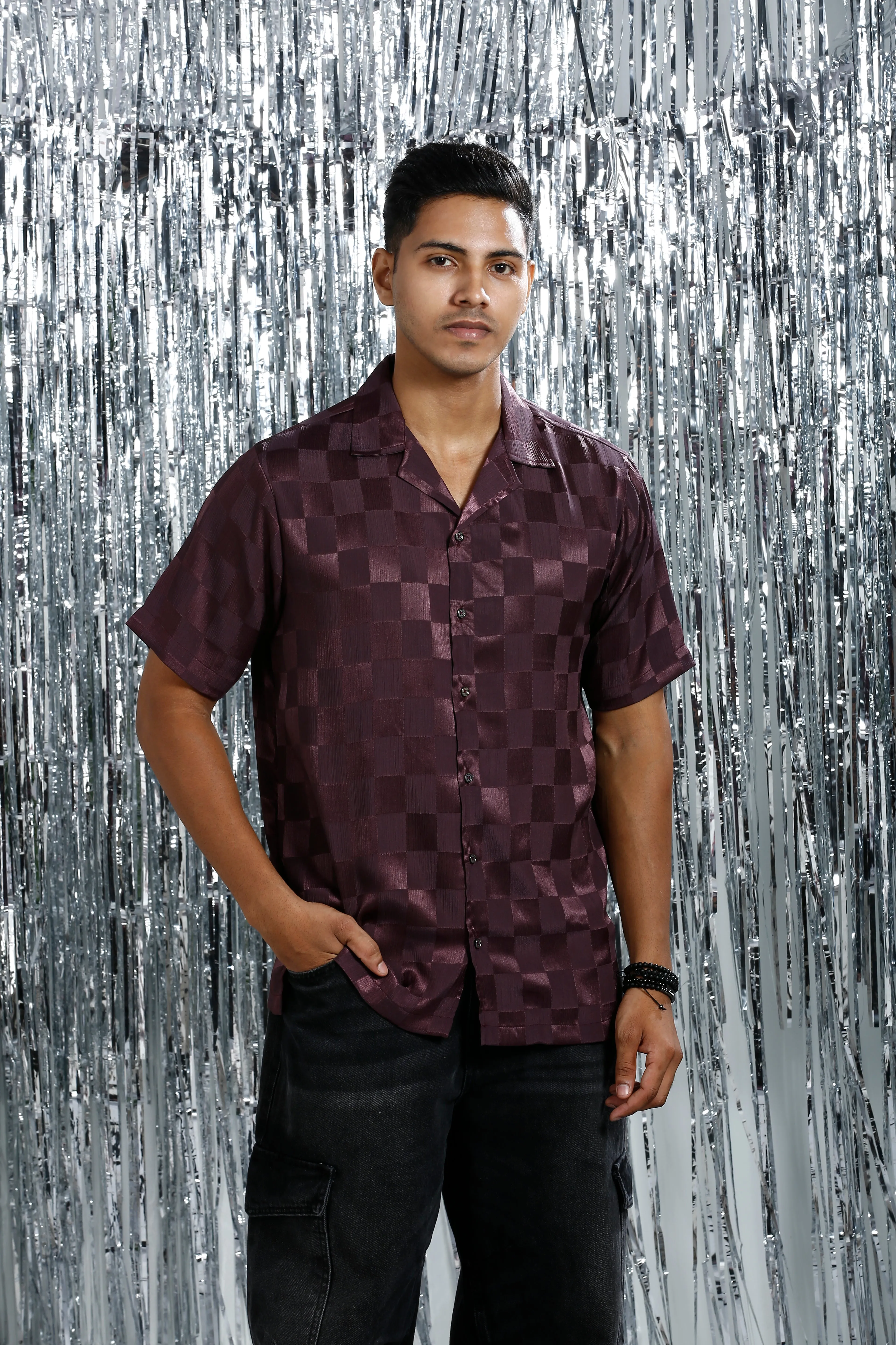 METALLIC MAROON RELAXED CHECKED CUBAN COLLAR SHIRT