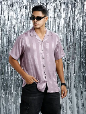 METALLIC MAUVE RELAXED STRIPED CUBAN COLLAR SHIRT