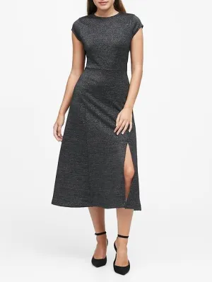 Metallic Midi Dress with Slit in Gunmetal & Black