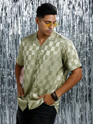 METALLIC OLIVE RELAXED CHECKED CUBAN COLLAR SHIRT