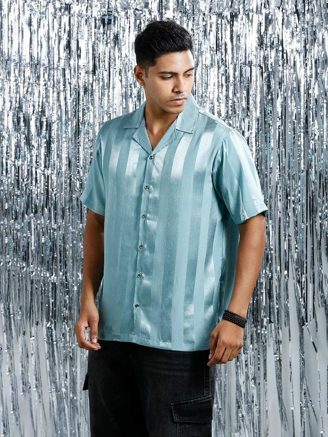 METALLIC SEAGREEN RELAXED STRIPED CUBAN COLLAR SHIRT