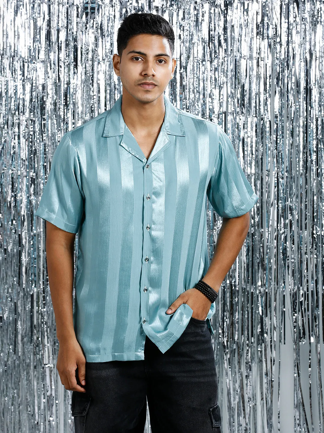 METALLIC SEAGREEN RELAXED STRIPED CUBAN COLLAR SHIRT