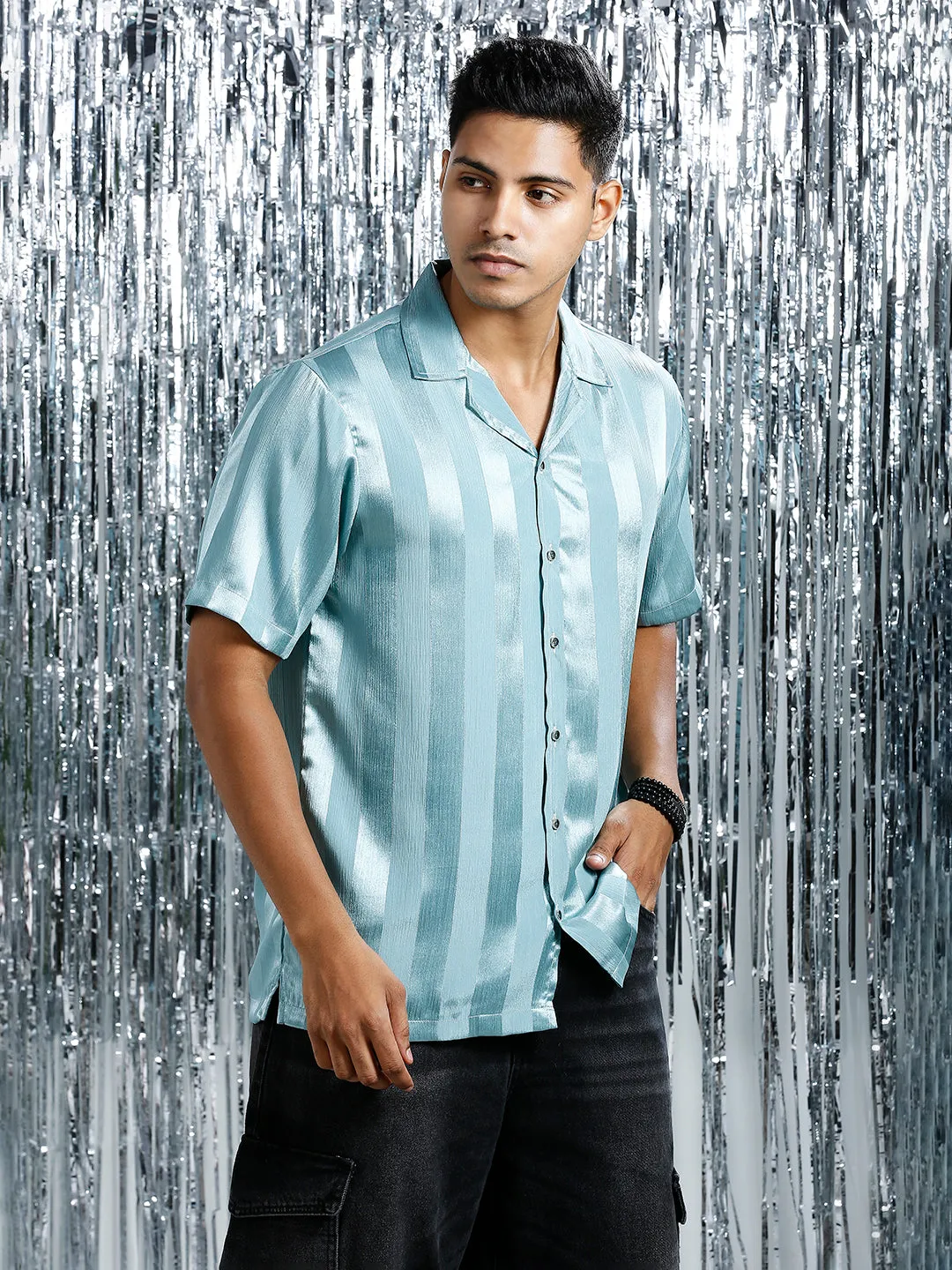 METALLIC SEAGREEN RELAXED STRIPED CUBAN COLLAR SHIRT