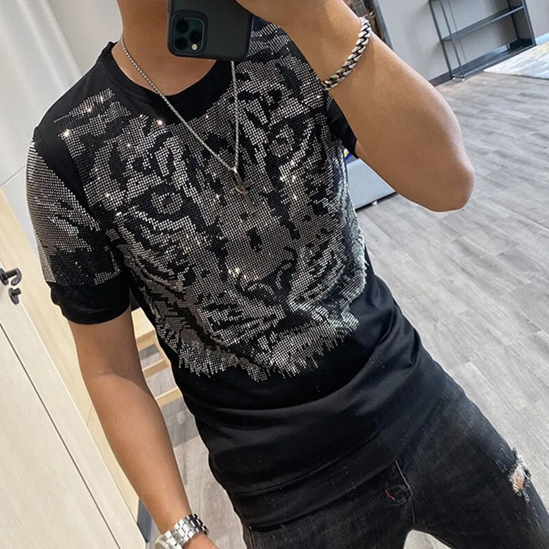 Metallic Sequins Tiger Head Men Slim Fit T-Shirt