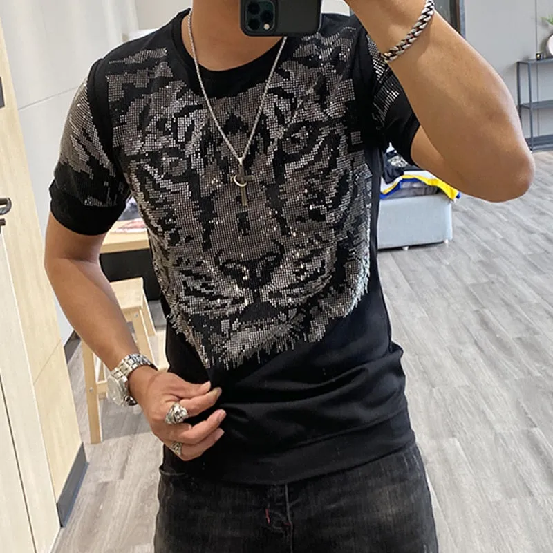 Metallic Sequins Tiger Head Men Slim Fit T-Shirt