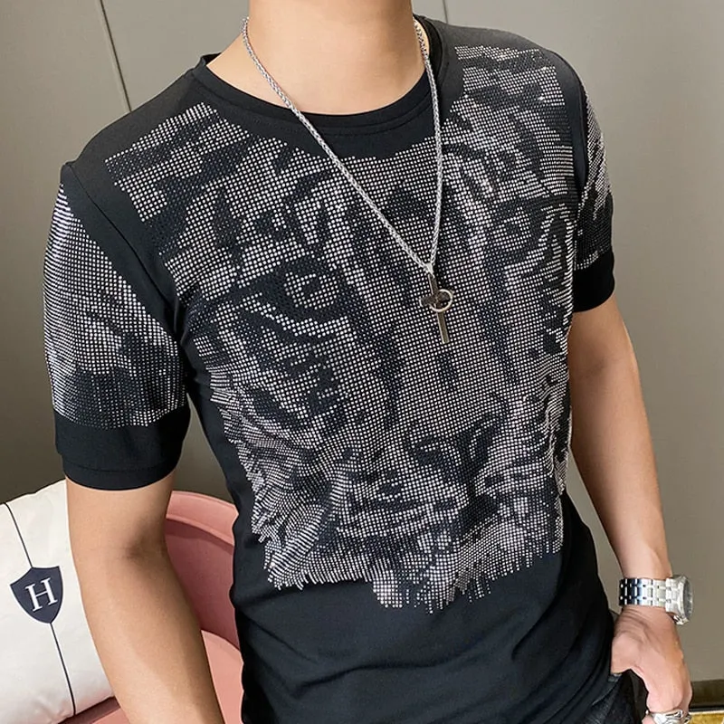 Metallic Sequins Tiger Head Men Slim Fit T-Shirt