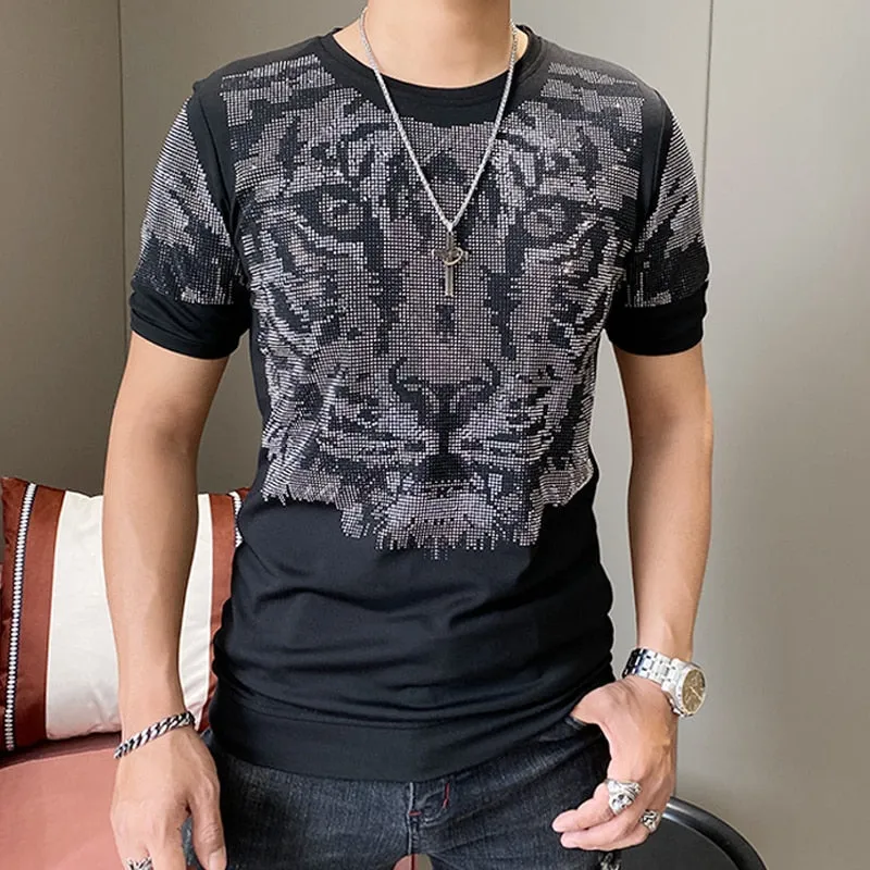 Metallic Sequins Tiger Head Men Slim Fit T-Shirt