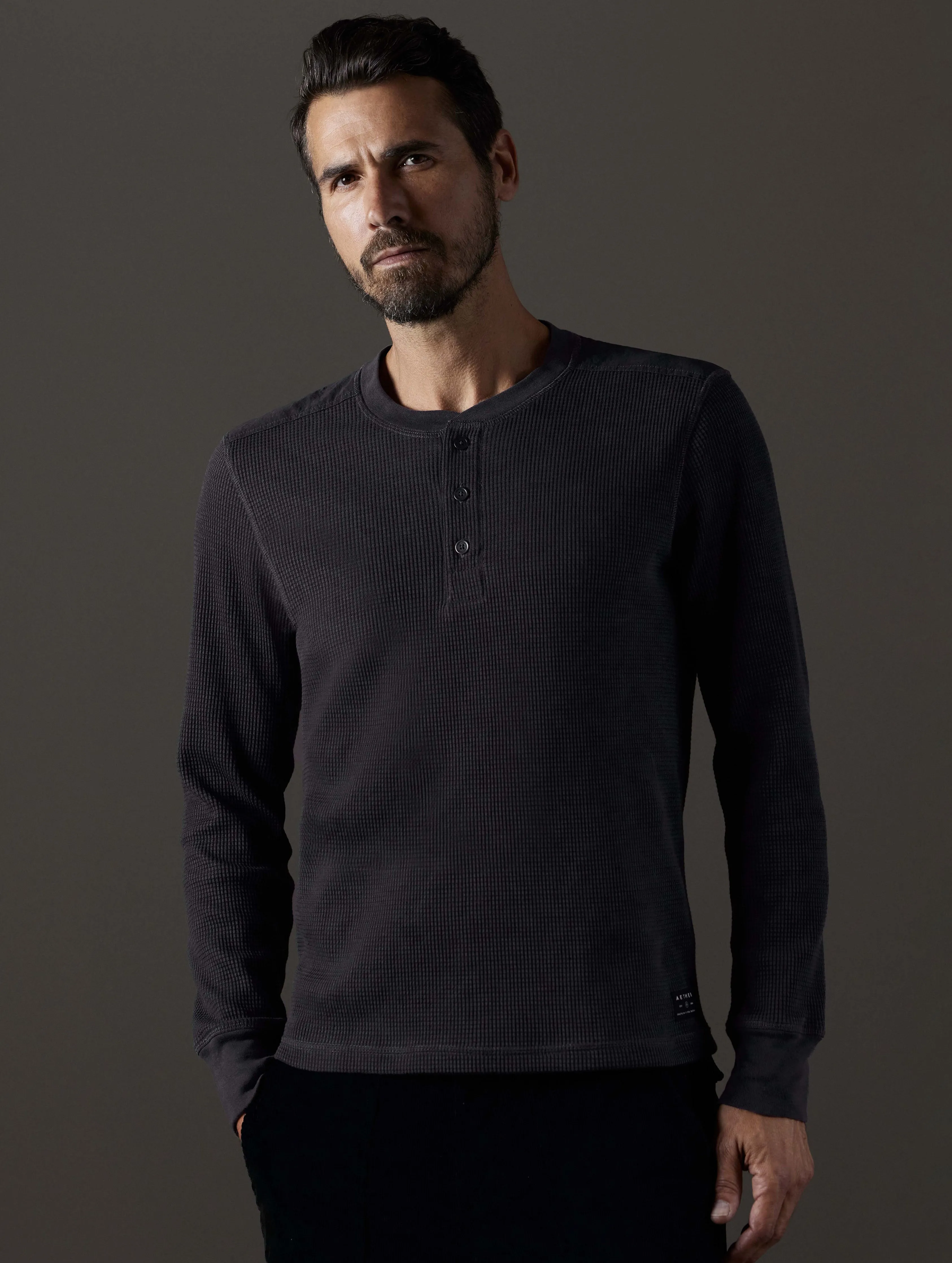 Milford Waffle Henley - Onyx Black